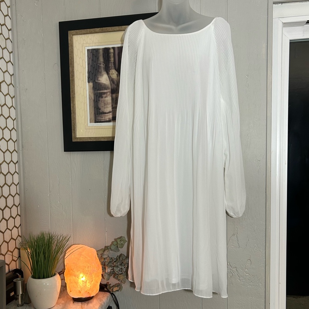 Creamy White chiffon and sheer pleated knee length dress